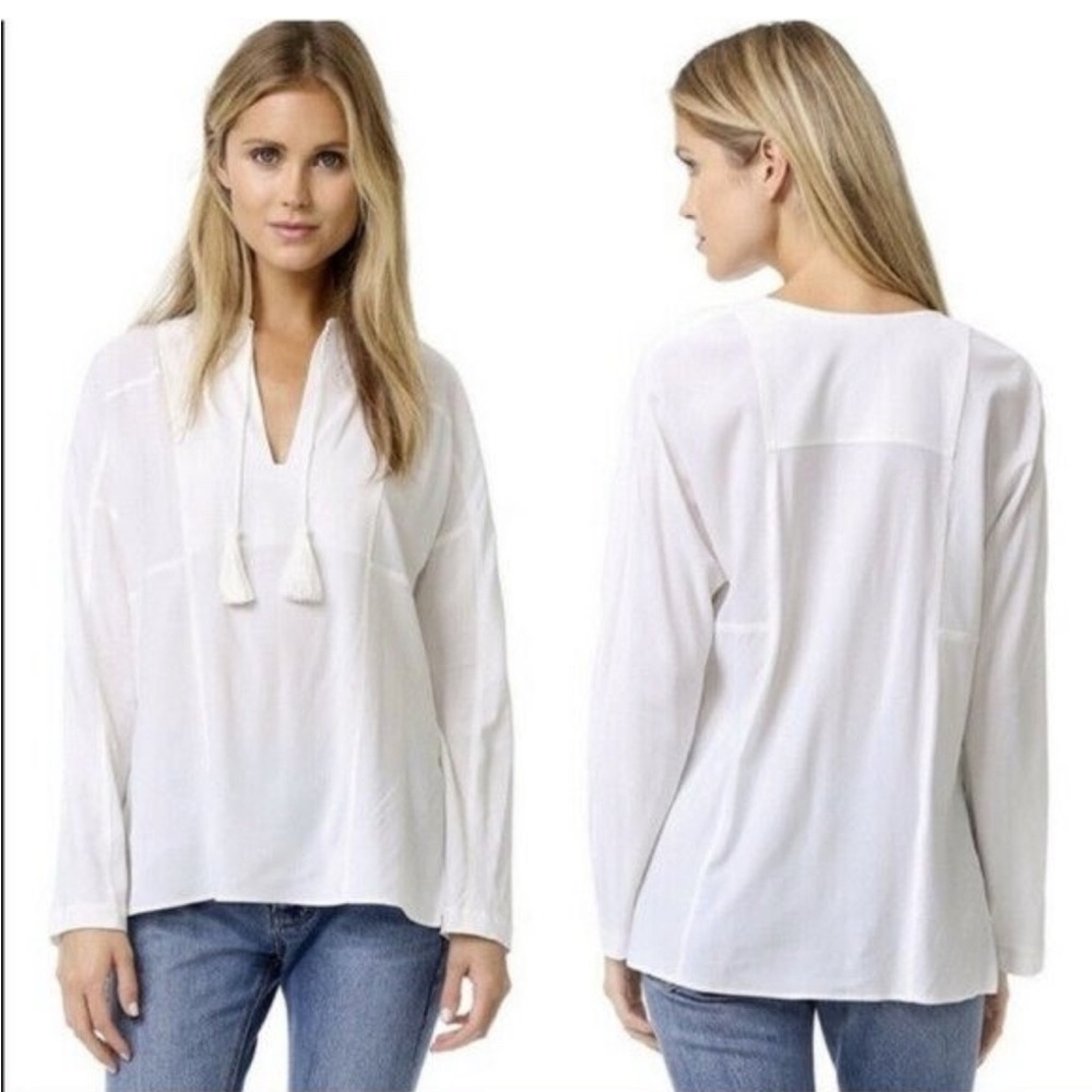 Vince Festival Blouse Ivory Long Sleeve Tassel Tie V-Neck Lightweight Top Medium